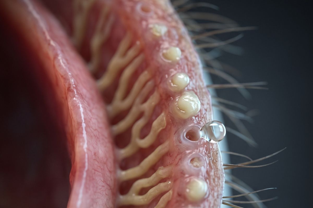 Illustration: a close-up of the edge of an eyelid, showing the oil gland openings along it. Most are plugged with thick oil; one is flowing.